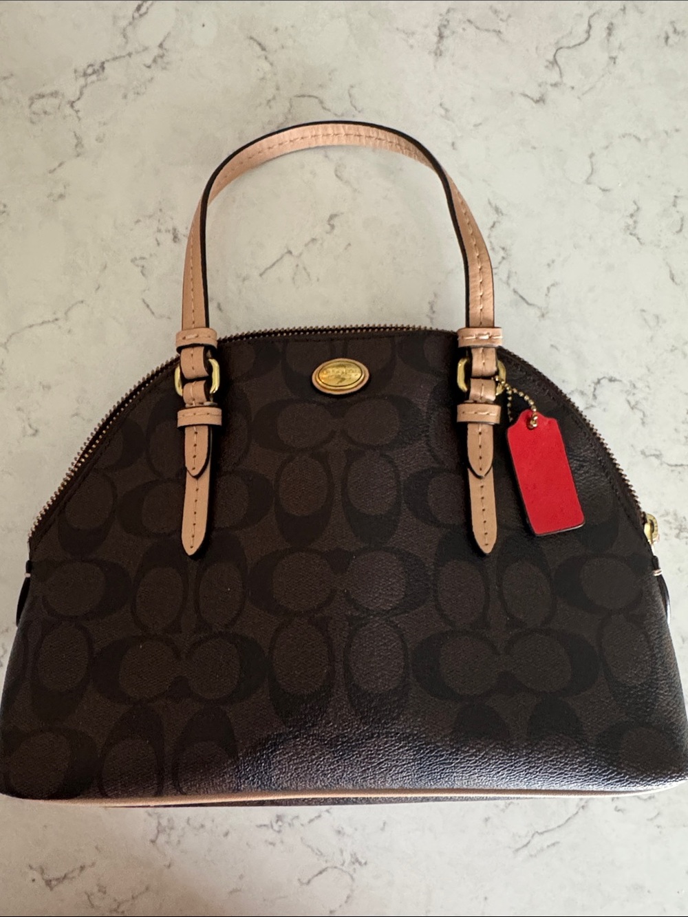 Coach Brown Signature Dome Satchel with Tan Trim and Red Tag - Picture 2 of 9